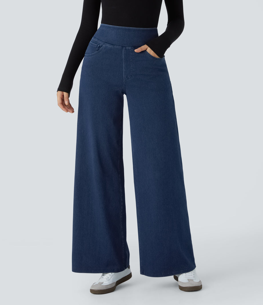 Halara Flex™ High Waisted Pockets Wide Leg Loose Work Jeans - Midnight Blue Denim
