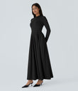 Mock-neck Long Sleeve Pocket Flare Maxi Casual Dress - Black
