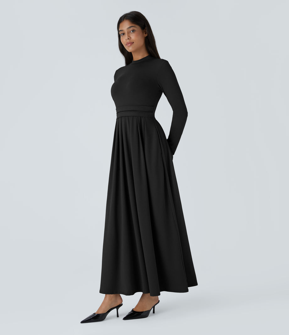 Mock-neck Long Sleeve Pocket Flare Maxi Casual Dress - Black