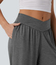Crossover High Waisted Pocket Drawstring Casual Joggers - Darl Gray Floral Yarn