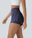 SoftlyZero™ QuickDry High Waisted Tummy Control Reflective Dots Crossover Hem 2-in-1 Running Shorts 3'' with Pockets - Dawn Purple