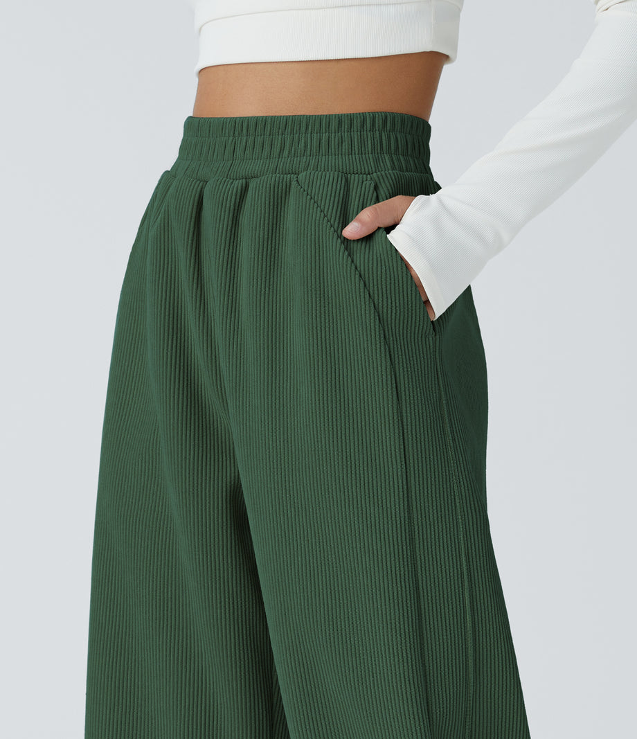 High Waisted Pocket Straight Leg Baggy Mop Corduroy Casual Pants - Greener Pastures