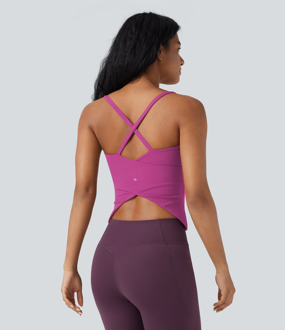 Scoop Neck Crisscross Back Crossover Hem Yoga Cami Top - Rose Violet
