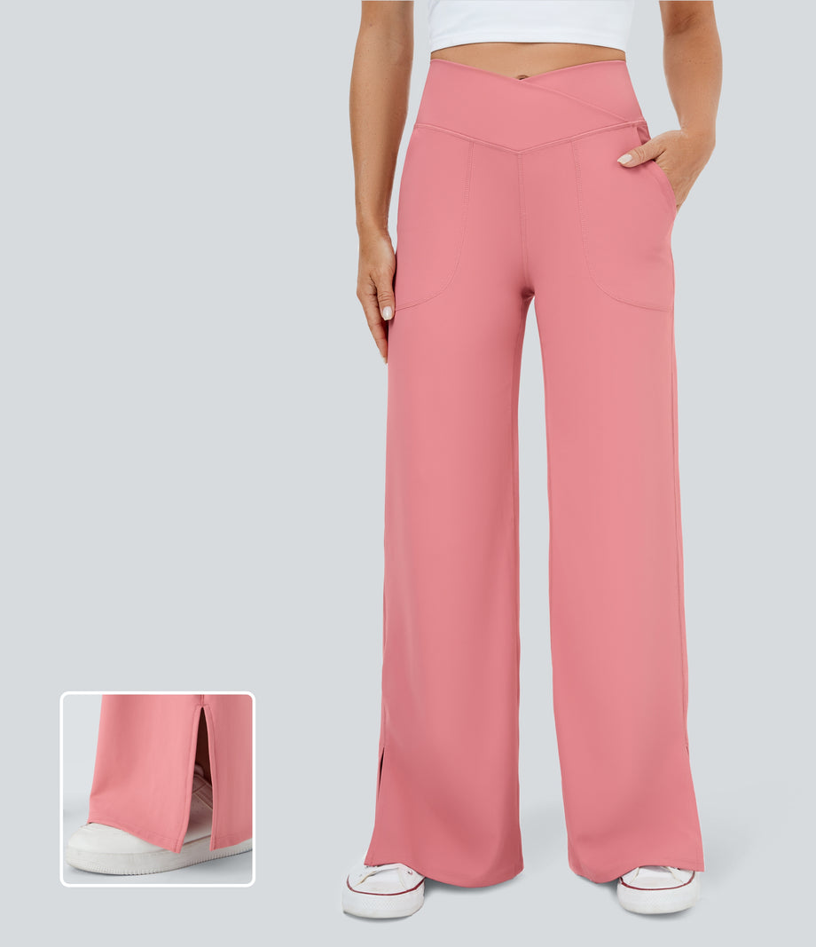 DayStretch Crossover Pocket Hem Wide Leg Yoga Pants-Smile - Candy Pink
