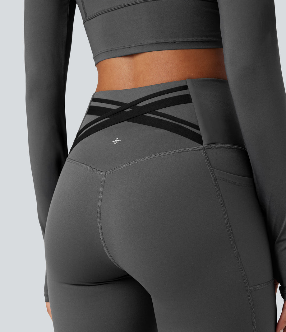 Halara Ultrasculpt™ Heat High Waisted Tummy Control Crossover Back Fleece Running Leggings with Pockets - Black Oyster