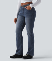Halara Flex™ Low Rise Zipper Pockets Washed Casual Bootcut Jeans - Paint Blue Denim