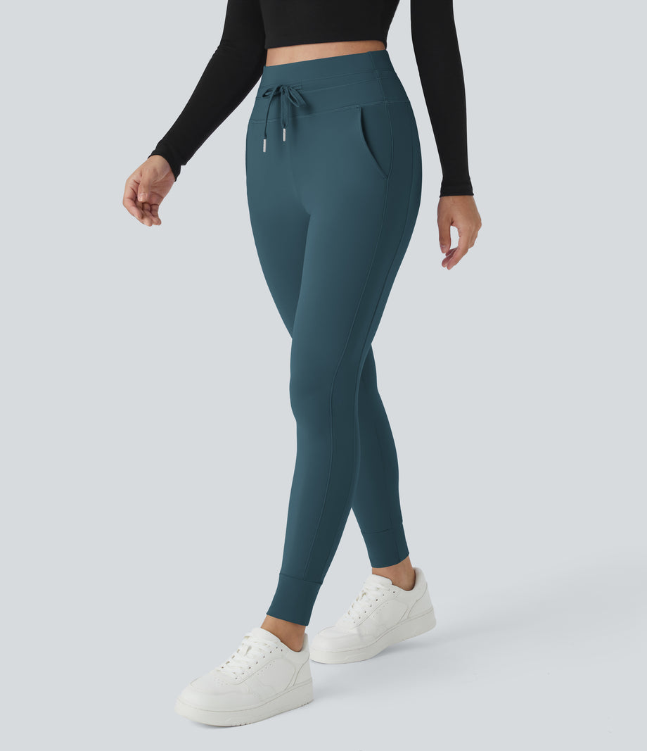SoftlyZero™ Plush High Waisted Drawstring Pocket Plain Full Length Joggers - Oxford Blue