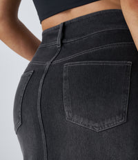 Halara Flex™ High Waisted Pockets Bodycon Washed Denim Casual Midi Skirt - Dirty Grey Black Denim