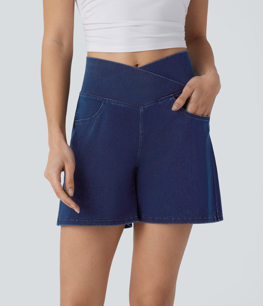 Halara Flex™ Crossover High Waisted Pockets Wide Leg A Line Washed Denim Casual Shorts - Washed Denim Navy Blue