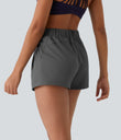 High Waisted Elastic Waistband Drawstring Pleated Yoga Shorts 3" with Pockets - Dark Jade Grey
