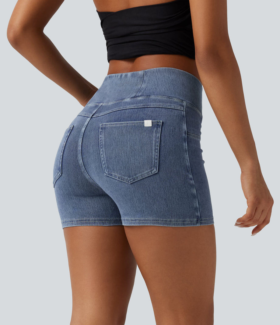 Halara Flex™ High Waisted Crossover Pocket Denim Casual Shorts 3" - Ice Crevice Denim