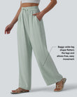 High Waisted Drawstring Wide Leg Casual Linen-Blend Pants with Pockets - Aqua Gray