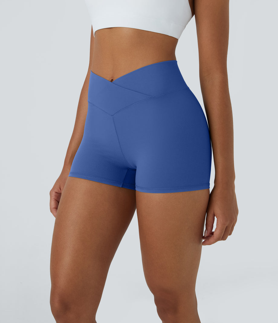 SoftlyZero™ High Waisted Crossover Plain Yoga Biker Shorts 3''-UPF50+ - Beaucoup Blue