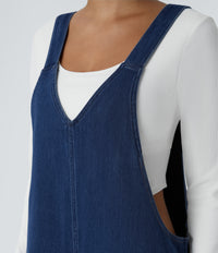 Halara Flex™ V Neck Pocket Washed Denim Casual Overalls - Serene Blue Denim