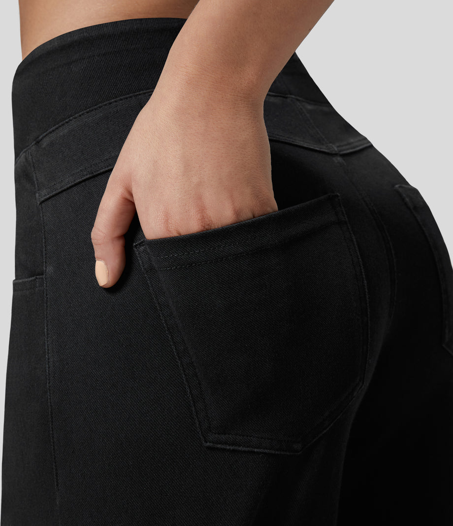 Halara Flex™ High Waisted Pockets Wide Leg Loose Work Jeans - Black Denim