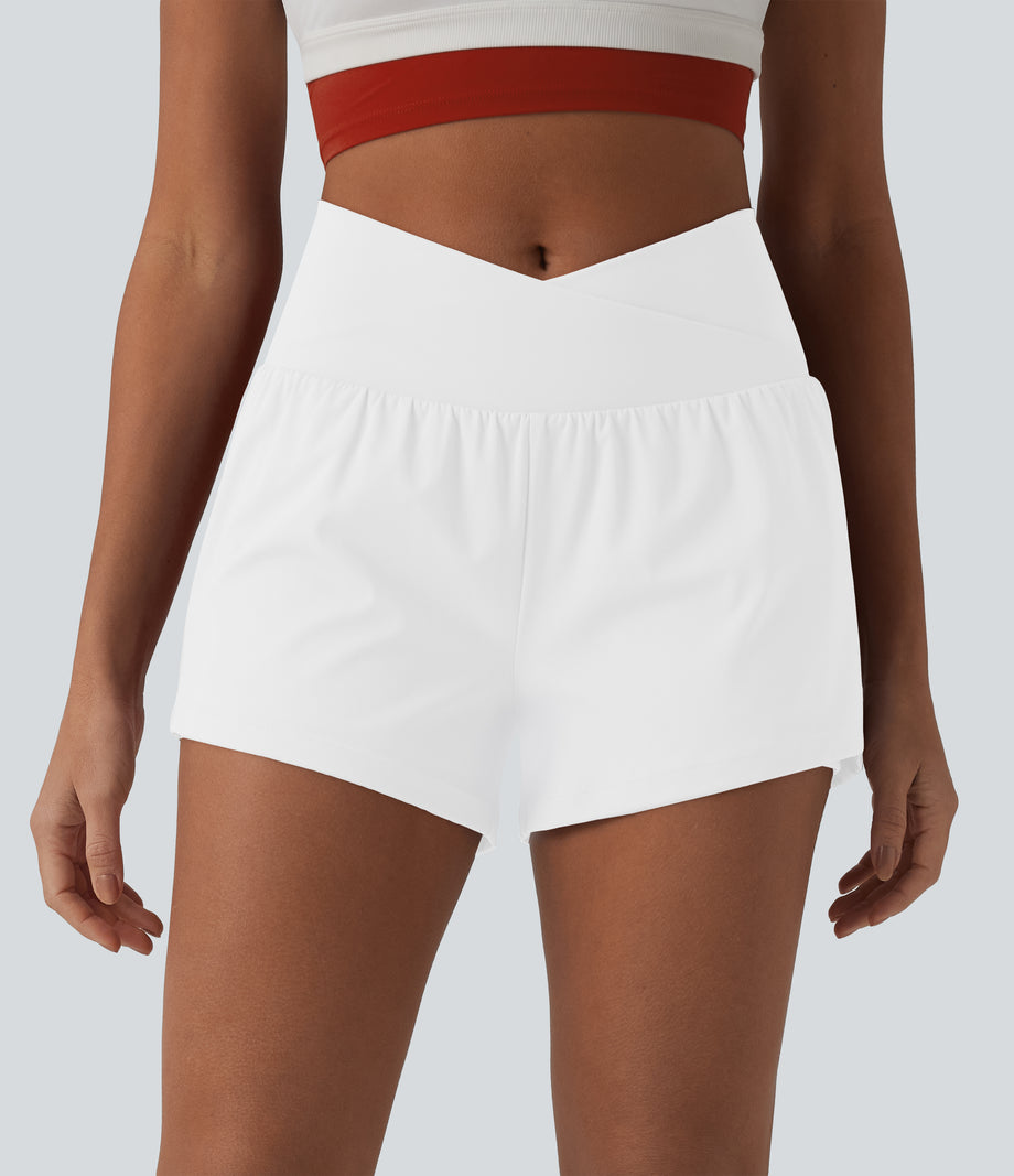 SoftlyZero™ Airy Crossover High Waisted 2-in-1 Cool Touch Yoga Shorts 3'' with Pockets - White