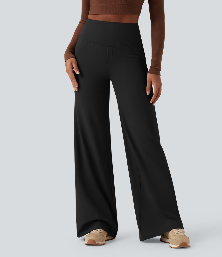 DayStretch High Waisted Tummy Control Wide Leg Baggy Yoga Pants with Pockets - Black
