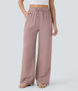 High Waisted Drawstring Pocket Wide Leg Baggy Casual Linen-Feel Pants - Deauville Mauve