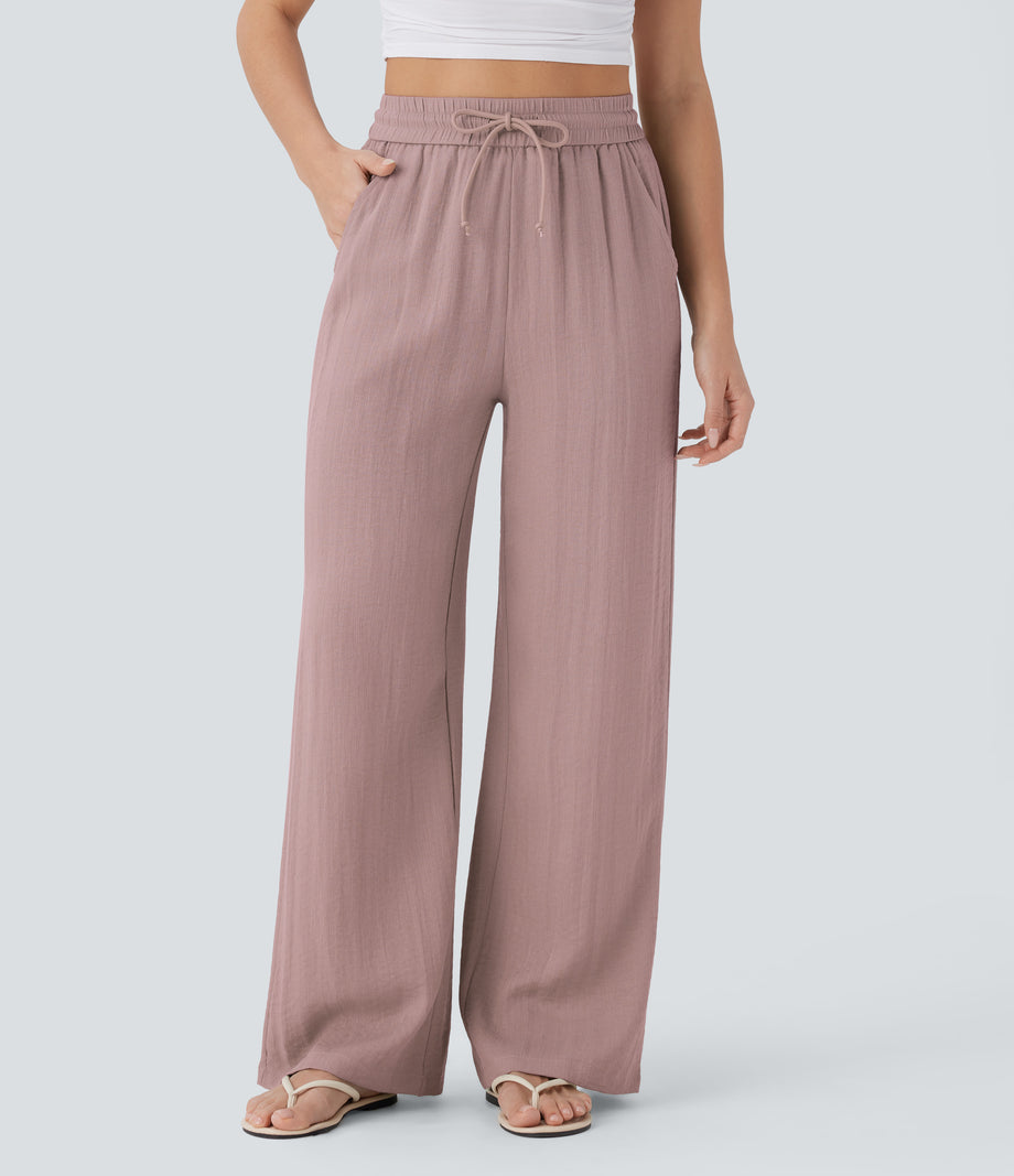 High Waisted Drawstring Pocket Wide Leg Baggy Casual Linen-Feel Pants - Deauville Mauve