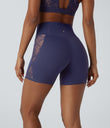 SoftlyZero™ High Waisted Crossover Contrast Lace Pocket Yoga Biker Shorts 5''-UPF50+ - Peacoat