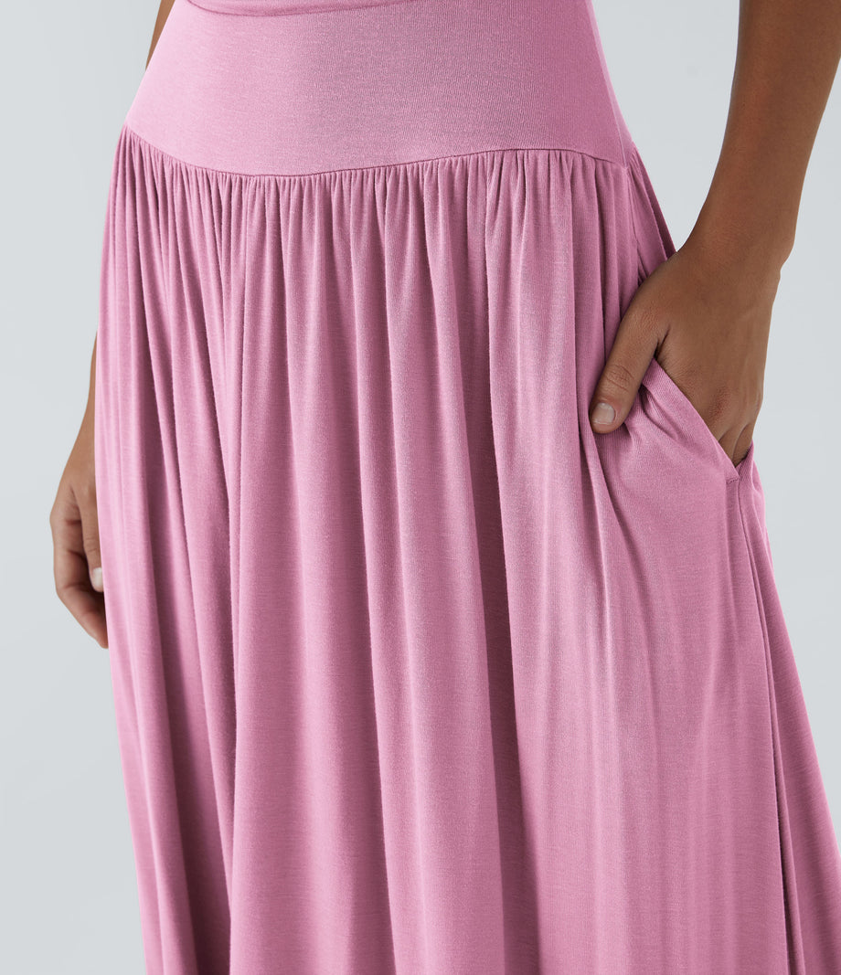 Ribbed Boat Neck Asymmetric Strap Ruched Pocket Flowy Maxi Casual Dress - Sweet Lilac