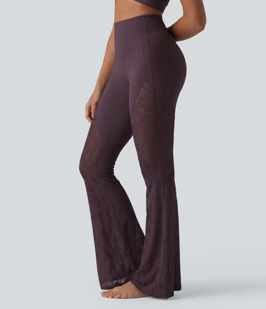 Halara UltraSculpt™ High Waisted Tummy Control Contrast Lace Yoga Flare Leggings with Pocket - Night's Purple