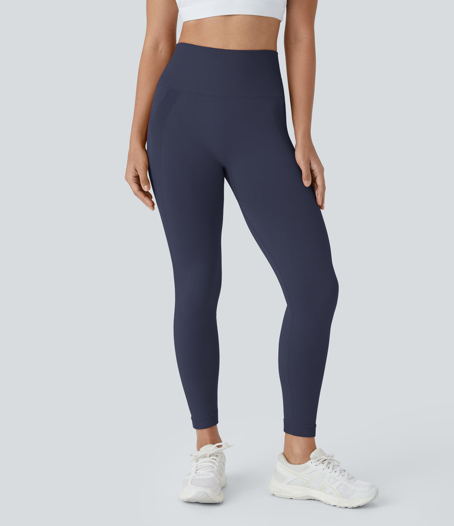 OneForm Seamless Flow High Waisted Ruched 7/8 Yoga Leggings - Peacoat