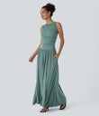 Ribbed Boat Neck Asymmetric Strap Ruched Pocket Flowy Maxi Casual Dress - Clear Green