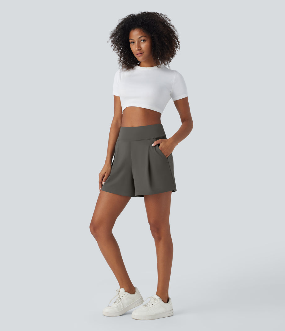 DayStretch High Waisted Work Baggy Shorts 4'' with Pockets - Deep Red Grey