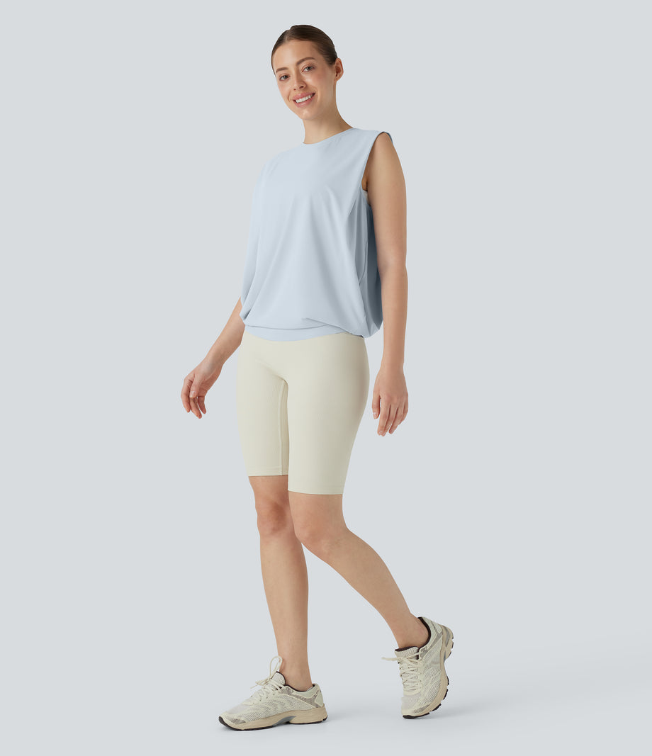 Round Neck Ruched Cool Touch Yoga Tank Top-UPF50+ - Illusion Blue