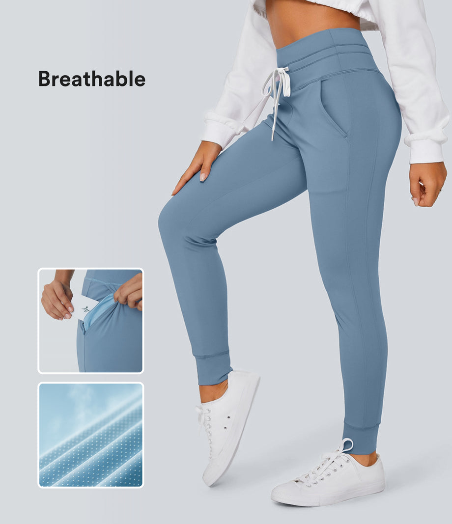SoftlyZero™ Plush High Waisted Drawstring Pocket Plain Full Length Joggers - Grey Blue