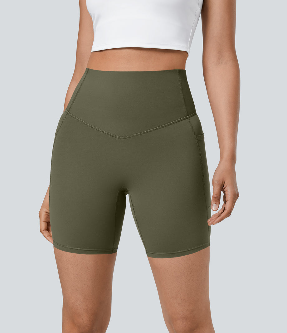 Halara UltraSculpt™ High Waisted Tummy Control Pocket Shaping Training Biker Shorts 7'' - Grass Grey Green