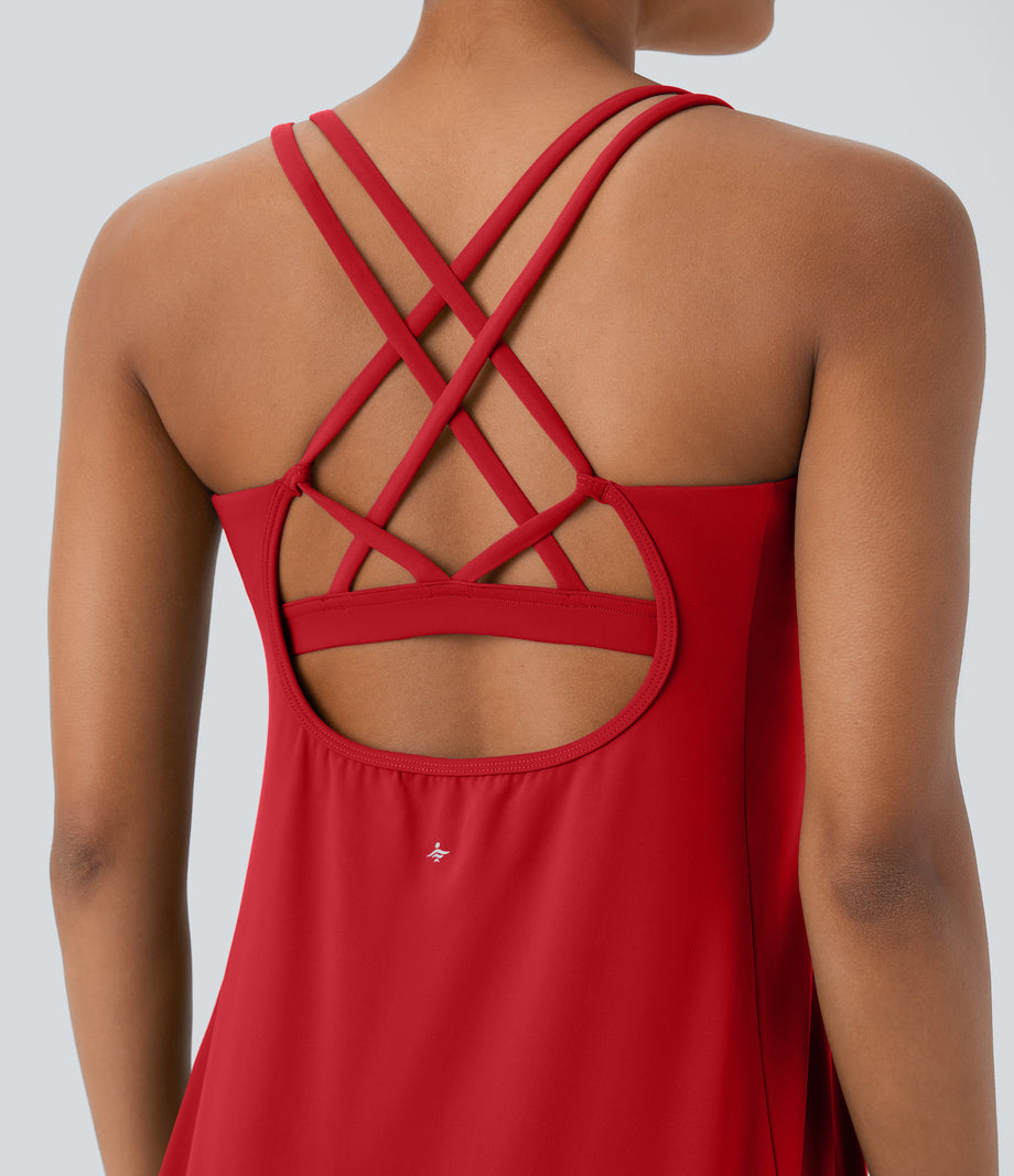 SoftlyZero™ Plush Cut Out Pocket 2-Piece Mini Yoga Active Dress - Mars Red