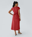 Breezeful™ V Neck Short Sleeve Pocket Tie Back Quick Dry Midi Casual Dress-Longer Length - Pompeian Red