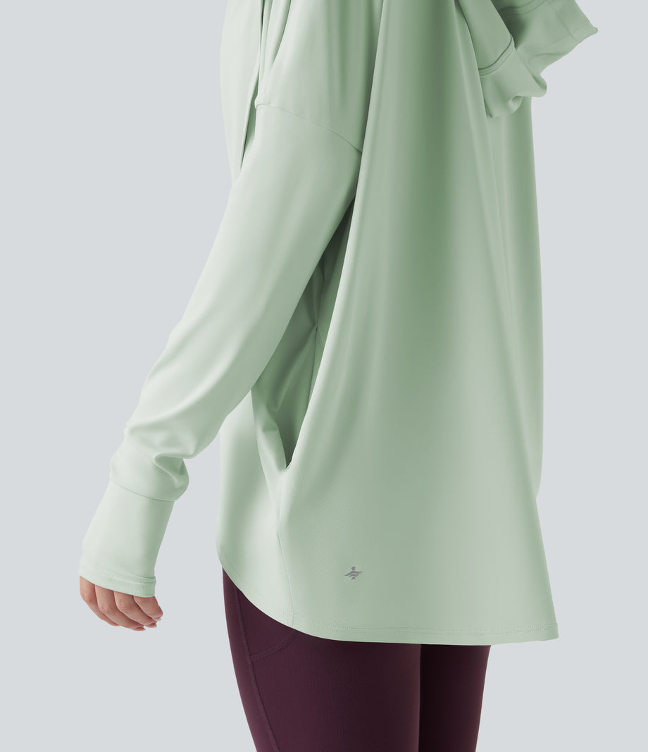 Hooded Cowl Neck Long Sleeve Thumb Hole Yoga Sports Top with Pockets - Dewkist