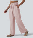 High Waisted Drawstring Wide Leg Casual Linen-Blend Pants with Pockets - Rosewater
