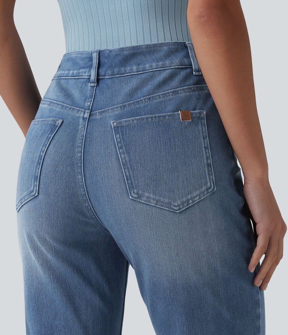 Halara Flex™ High Waisted Pockets Washed Casual Bootcut Jeans - Vallarta Blue Denim