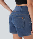 Halara Flex™ Crossover High Waisted Pockets Wide Leg A Line Washed Denim Casual Shorts - Tide Blue Denim