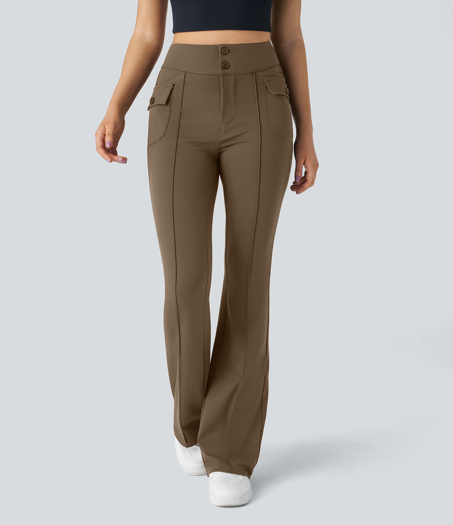 High Waisted Side Flap Pocket Flare Casual Cargo Pants - Sepia