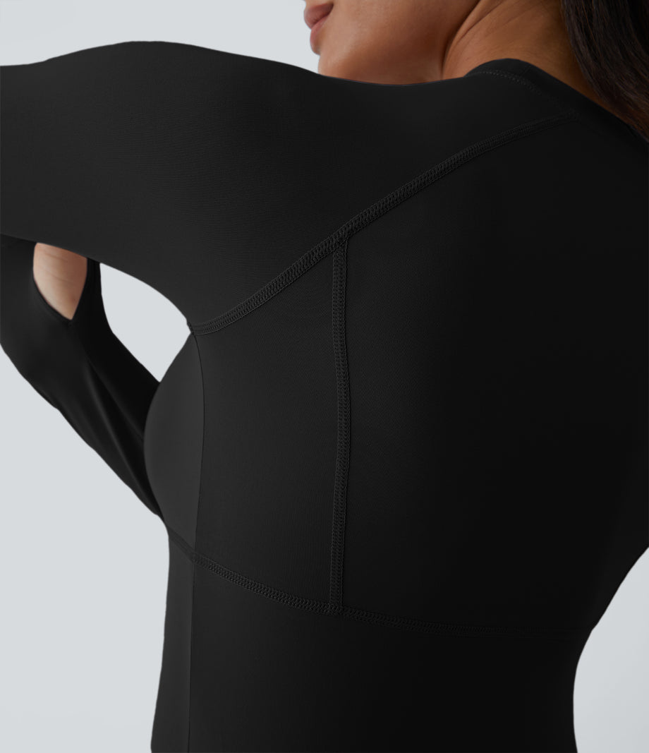 Solid Thumb Hole Yoga Sports Top - Black