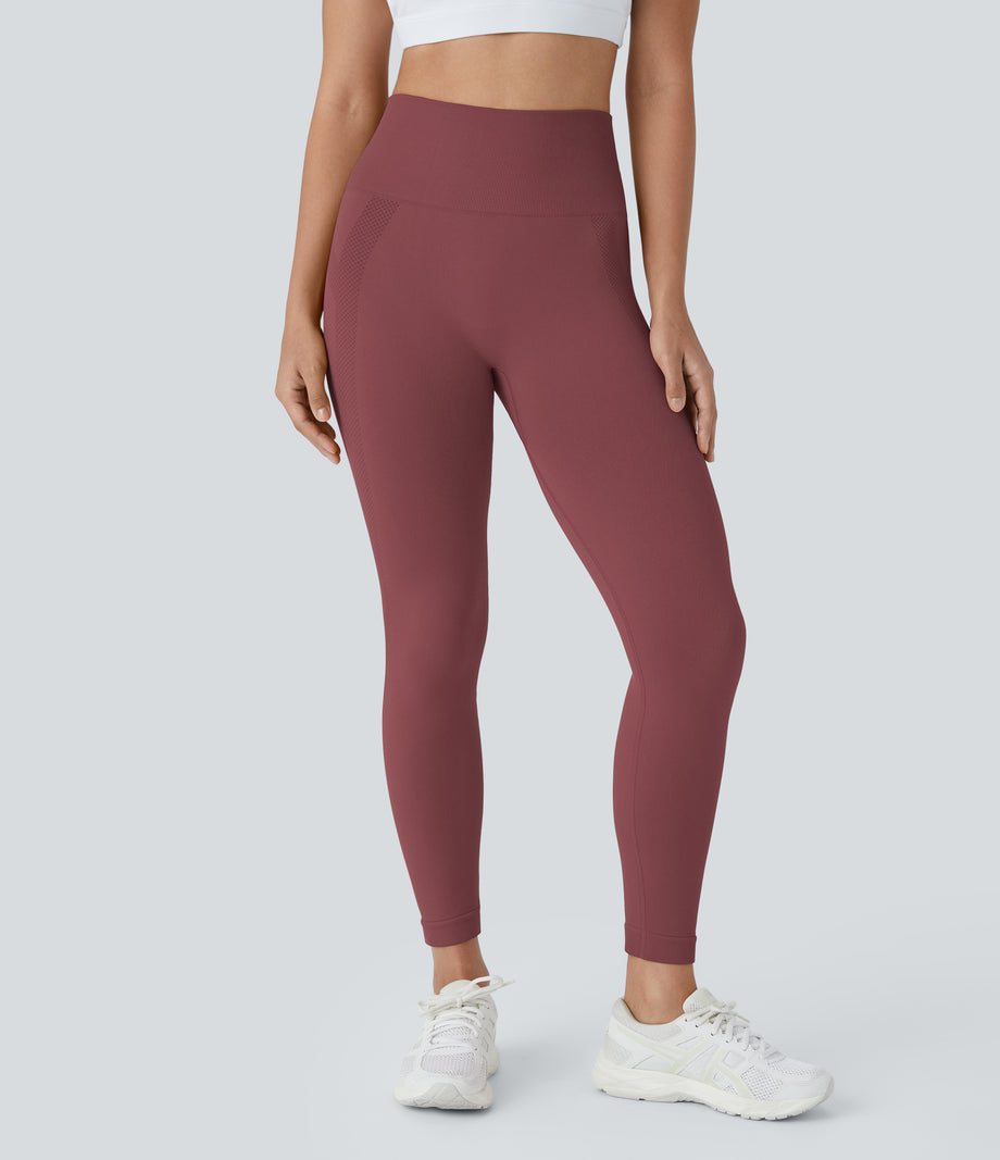 OneForm Seamless Flow High Waisted Ruched 7/8 Yoga Leggings - Apple Butter