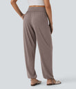 Crossover High Waisted Pocket Drawstring Casual Joggers - Deep Tea Brown Floral Yarn