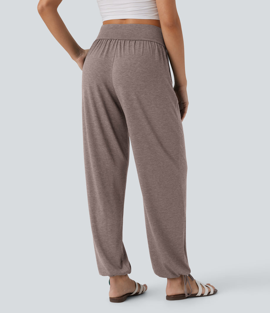 Crossover High Waisted Pocket Drawstring Casual Joggers - Deep Tea Brown Floral Yarn