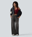 Mid Rise Denim Print French Terry Casual Sweatpants Jeans with Pockets - Distressed Washed Black