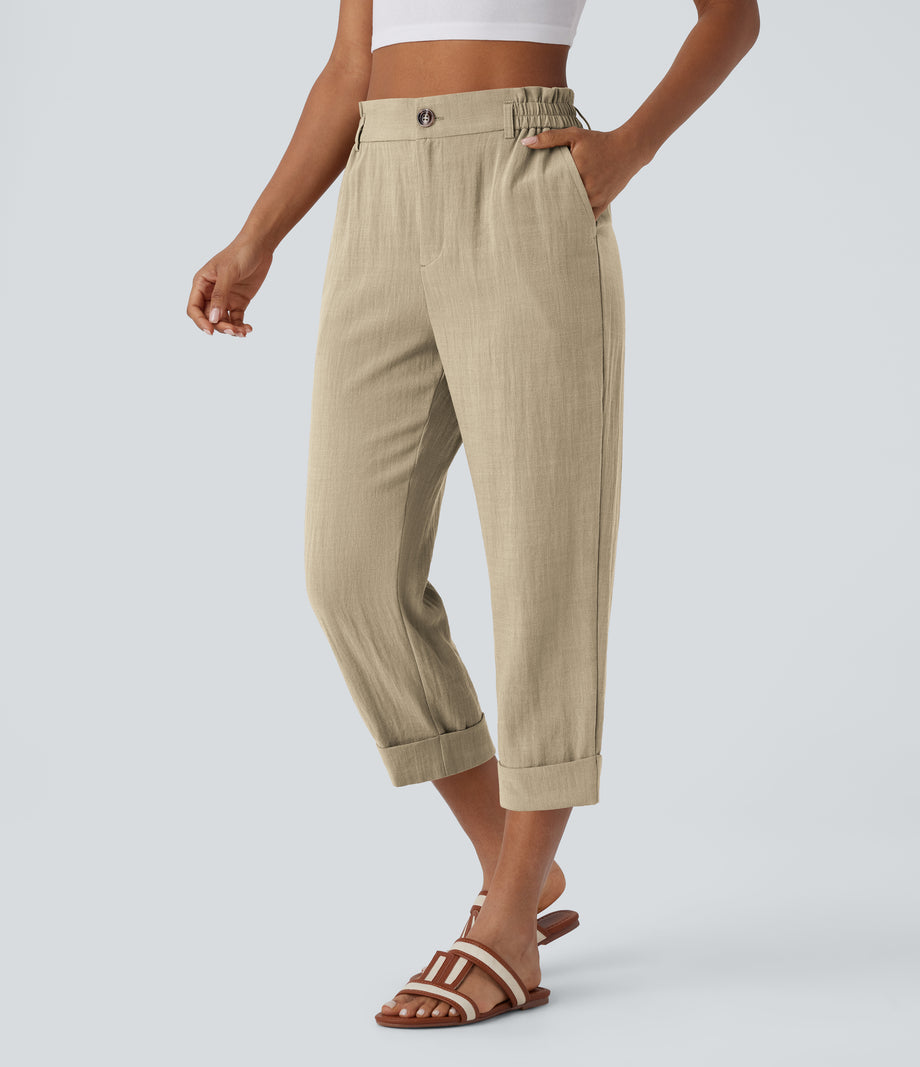 High Waisted Zipper Pocket Cropped Linen-Feel Pants - Fields of Rye