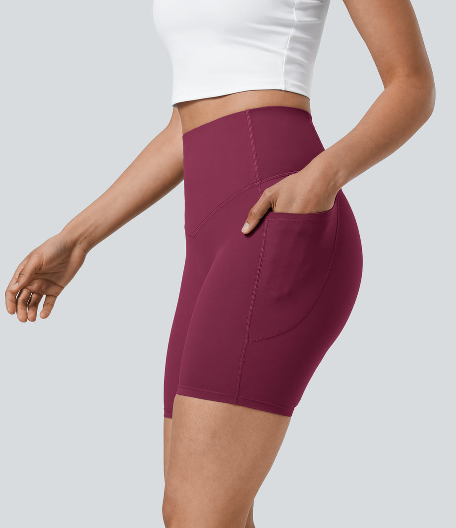 Halara UltraSculpt™ High Waisted Tummy Control Pocket Shaping Training Biker Shorts 7'' - Red Plum