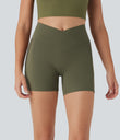 SoftlyZero™ High Waisted Crossover Contrast Lace Pocket Yoga Biker Shorts 5''-UPF50+ - Grass Grey Green