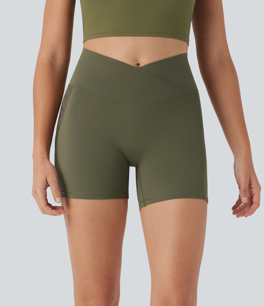 SoftlyZero™ High Waisted Crossover Contrast Lace Pocket Yoga Biker Shorts 5''-UPF50+ - Grass Grey Green