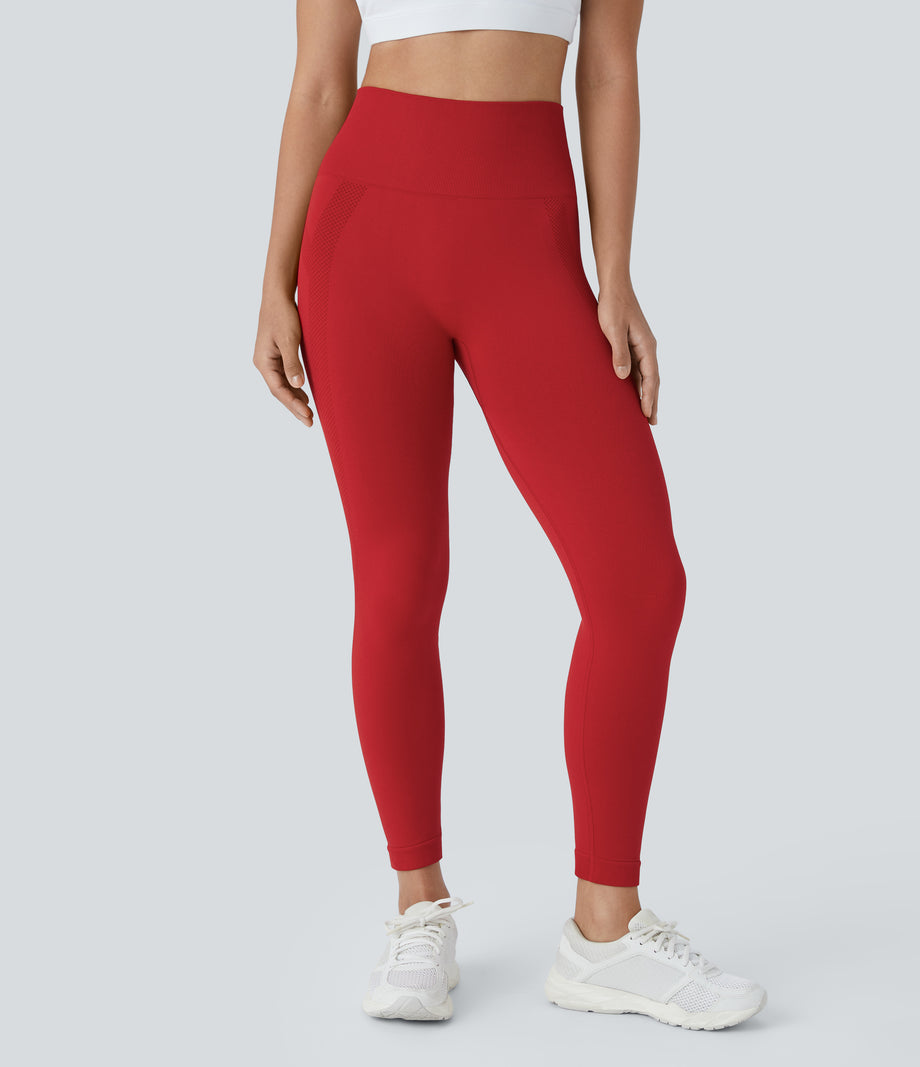 OneForm Seamless Flow High Waisted Ruched 7/8 Yoga Leggings - Salsa