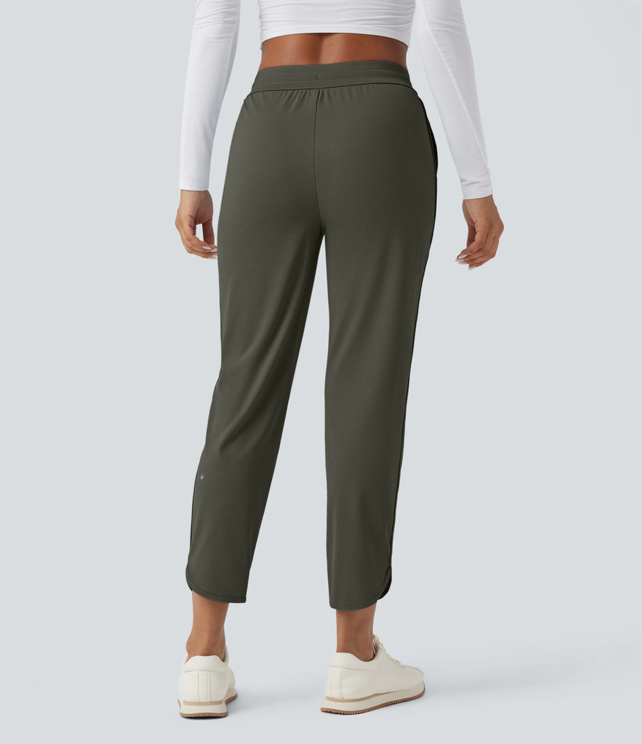 Mid Rise Drawstring Curved Hem Quick Dry Golf Tapered Pants with Pockets-UPF40+ - Forest Night